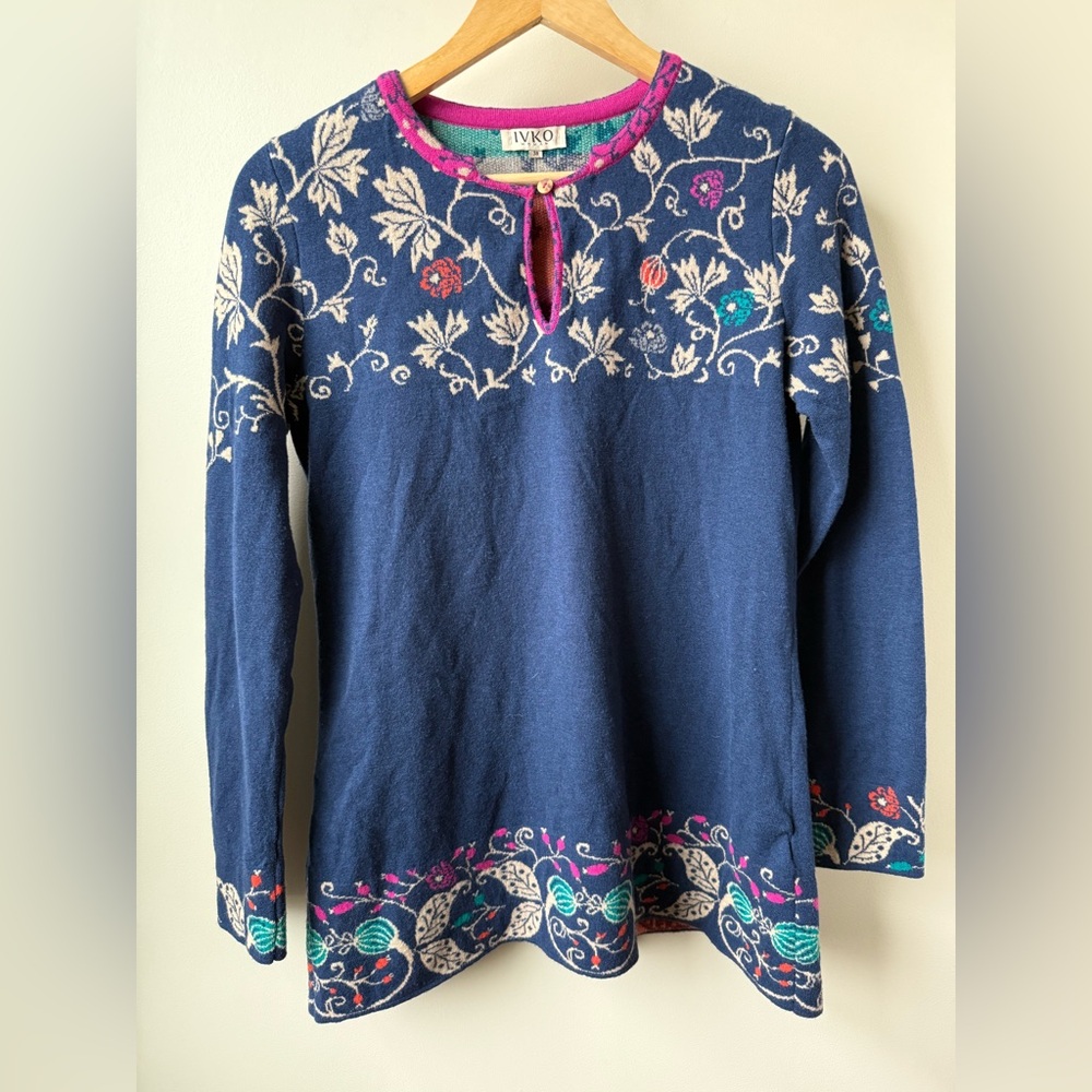 IVKO Tunic Intarsia Sweater‎ Floral Fair Isle Wool Traditional Nordic Blue 38 M